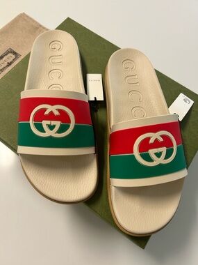 **AUTHENTIC** Gucci Cream Slides with Signature Red & Green Stripes